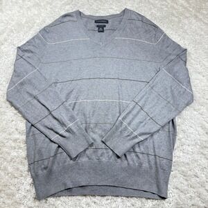 Banana Republic Sweater Men XL Gray Silk Cashmere V Neck Stripe Dress Casual Y2K